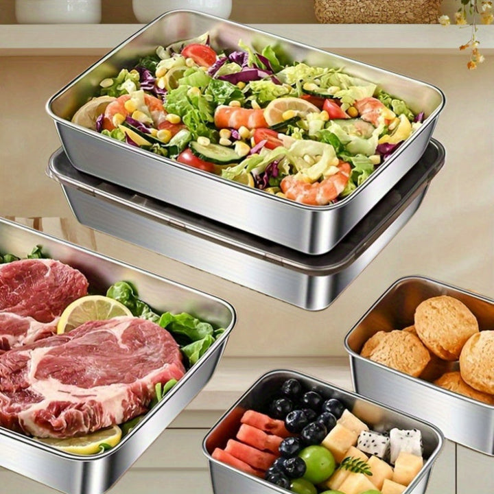 3/6 Recipiente de Almacenamiento de Comida Duradero en Acero Inoxidable - Hermético, Libre de BPA, Apto para Microondas y Refrigerador, Irrompible, Caja Rectangular Multifuncional con Tapa Abatible, Ideal para Nevera y Despensa