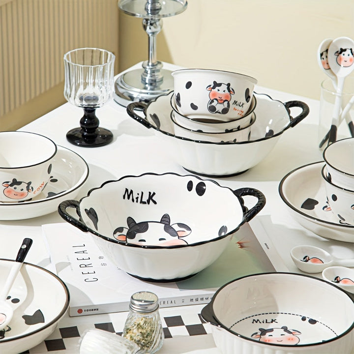 Juego de vajilla de cerámica moderna con lindo diseño de vaca de dibujos animados, platos y cuencos redondos con temática animal, adecuado para residencias universitarias y estudiantes universitarios - Juego de 3/4 piezas