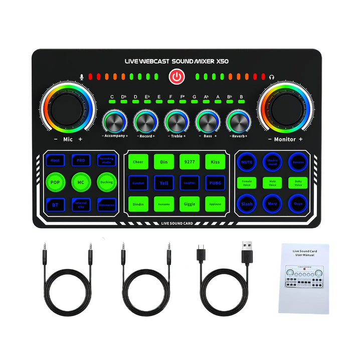 Interfaz de audio portátil, dispositivo de tarjeta de sonido, para uso en PC, iPad, teléfono. Ideal para grabación, transmisión en vivo, comentarios de gestos, expresión personal, etc. Con batería recargable de litio 18650 incorporada, se puede usar al a