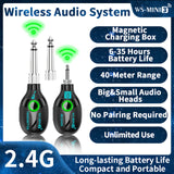 Sistema inalámbrico para guitarra de 2.4 GHz, material ABS negro, incluye transmisor, receptor, estuche para batería, carga magnética, compatible con audio mono de 6.35 mm y 3.5 mm, para instrumentos musicales eléctricos