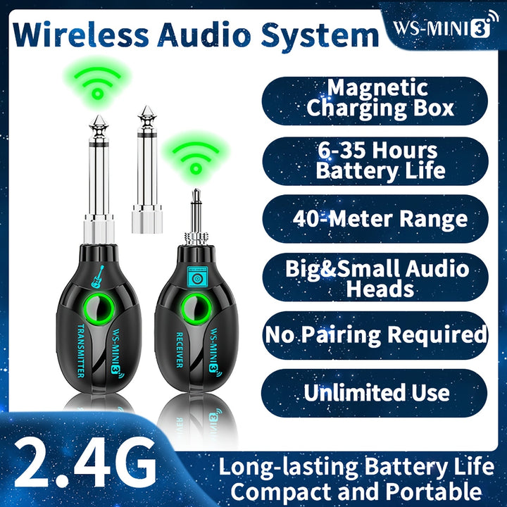 Sistema inalámbrico para guitarra de 2.4 GHz, material ABS negro, incluye transmisor, receptor, estuche para batería, carga magnética, compatible con audio mono de 6.35 mm y 3.5 mm, para instrumentos musicales eléctricos