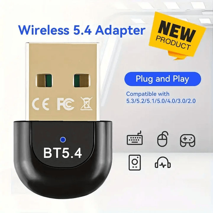 Adaptador sin varillas USB 5.4 sin Controladores, Transceptor para Computadora de Escritorio y Audífonos, Compatible con Conexión Simultánea de 7 Dispositivos, Plug-and-Play