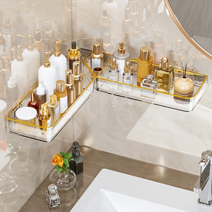 1pc Estantería de baño plegable de montaje en pared de lujo, canasta de plástico sin taladro para artículos de aseo personal, cosméticos, cocina, sin fragancia, organizador sin electricidad, sin batería