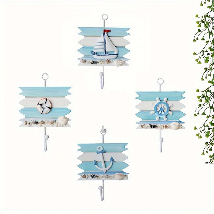 Perchero de madera contemporáneo y ganchos para toallas, organizador de almacenamiento de fácil instalación en la pared para el hogar, hotel, decoración costera - Perchero colgante de temática náutica con velero decorativo, ancla, timón y conchas marinas