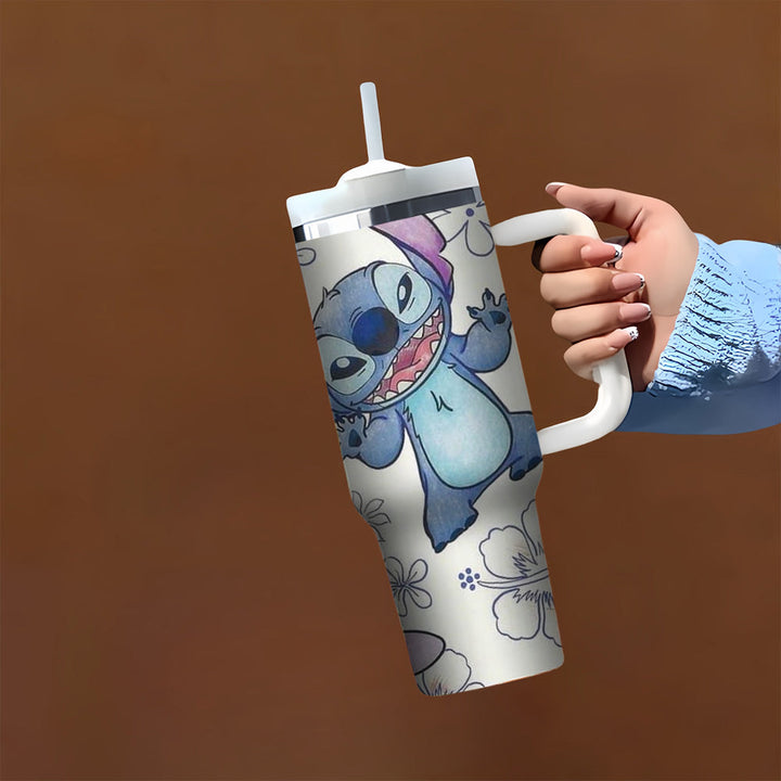 1 taza de vacío con asa de Disney Stitch, 40 oz, aislada, con asa, popote, solo lavar a mano, reutilizable, multiusos, no eléctrica, gran capacidad, diseño elegante, con viajes, deportes, actividades al aire libre, para café, bebidas frías y calientes.
