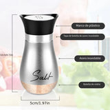 2 piezas por conjunto, un conjunto de sal y pimienta con tapas de acero inoxidable, adecuado para mesas de cocina, RV, camping, barbacoas, botellas de especias rellenables, suministros de cocina y decoración de cocina.