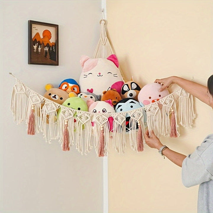 Hamaca de Cuerda Estilo Bohemio con Borlas para Juguete (1 pieza) - Red de Almacenamiento Montada en la Pared Elegante para Juguetes de Peluche, Decoración de Habitaciones y Exhibición Organizada de Sala de Juegos, Canastas de Estante