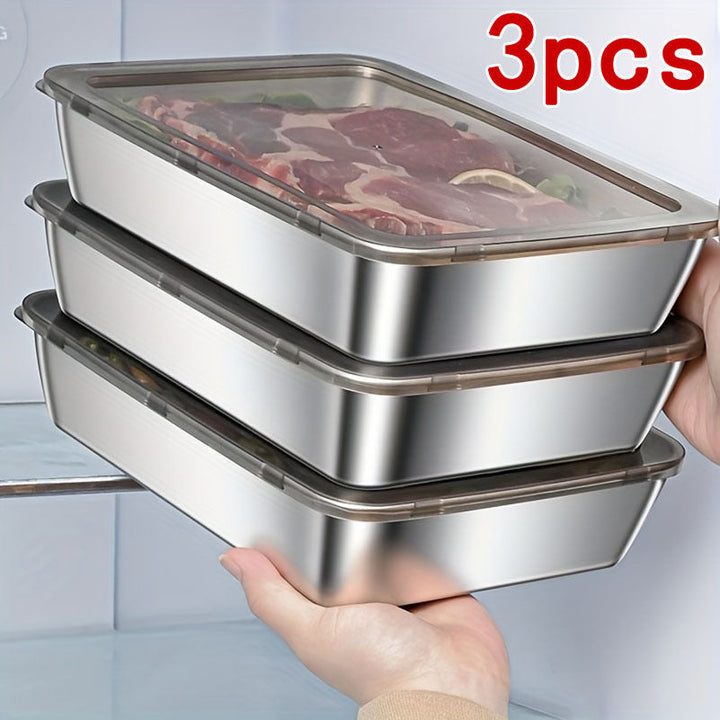 2/3 piezas de Contenedor de Alimentos de Acero Inoxidable - Antifugas, reutilizable, ideal para frutas, carne y verduras | Fácil de limpiar, organizador apilable para refrigeradores, congeladores y despensas, uso en exteriores y hogar