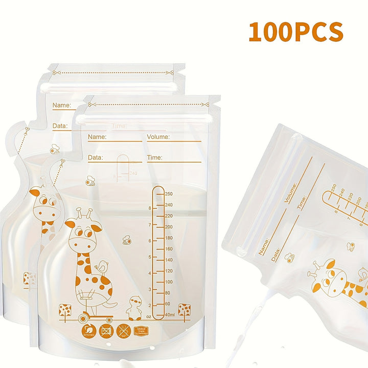 100 bolsas de almacenamiento de leche materna PP transparentes de 8 oz/250 ml, con pico vertedor, doble sellado, perfil plano y base autosoportable para refrigeración y congelación