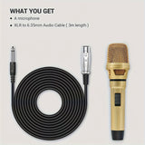 Micrófono negro y dorado Heikuding con cable XLR de 3 metros/9,8 pulgadas - Micrófono dinámico para cantar, karaoke, amplificadores y mezcladores, diseño clip-on, construcción metálica duradera, accesorio para cantar, estilo elegante, audio de alta calid