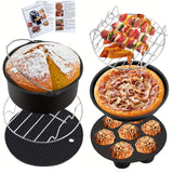Kit de Accesorios para Freidora de Aire (para 3.7-5.8QT) - Incluye Bandeja Antiadherente de Pizza de 17.78cm, Molde para Pastel, Parrilla y Moldes de Silicona de 7 Cavidades - Aptos para Lavavajillas - Libro de Recetas Incluido - Herramientas para Hornea