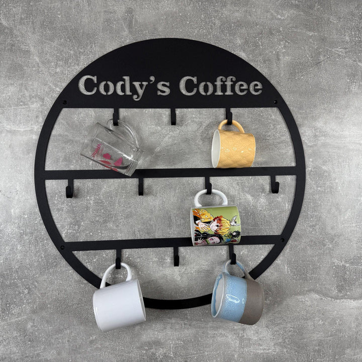 Estante de tazas de café personalizadas "Cody'S Coffee" - Organizador de pared con 6 ganchos, construcción de hierro, perfecto para decoración de cocina y comedor, accesorio para bar de café.