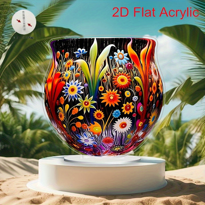 Jarrón Acrílico Plano Estilo Bohemio 2D - Decoración de Escritorio con Flores Vibrantes para Hogar y Oficina, Regalo de Navidad, Sin Necesidad de Electricidad, Decoración Bohemia, Adorno de Escritorio, Artesanía Artística, Diseño Colorido