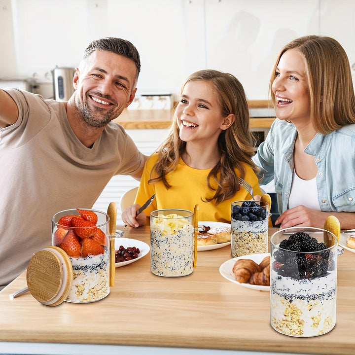 4 frascos de vidrio de 16 oz, tazón para avena, ensaladera, recipiente para preparar comidas con tapa y cuchara, ideal para semillas de chía, yogur, pudín, ensaladas, cereal y perlas