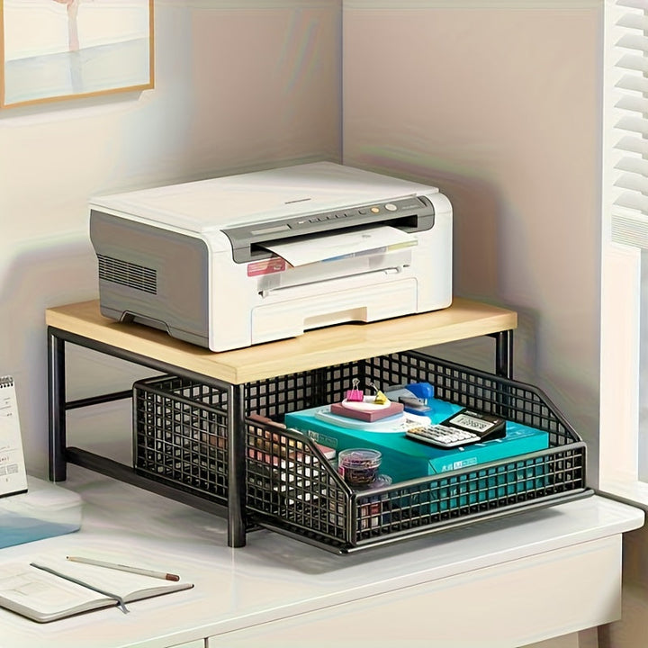 Estante de microondas para cocina negro/ blanco con cajón - Estructura sólida de madera y metal, organizador de encimera que ahorra espacio para electrodomésticos, utensilios y tazas - No requiere electricidad, diseño elegante, construcción duradera