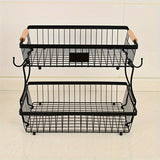 Cesta de frutas de 2 niveles con ganchos para plátanos - Estante de almacenamiento de alambre negro duradero para encimera de cocina, perfecto para frutas, verduras, snacks, café, cuidado de la piel y toallas, solución de almacenamiento de cocina | Acces