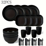 Juego de Vajilla Elegante de Plástico Negro de 32 Piezas - Incluye Platos, Cuencos, Tazas, Tenedores, Cucharas, Cuchillos - Reutilizable y Apto para Microondas - Ideal para el Hogar, Picnics, Regalos - Diseño Redondo Elegante Perfecto para Celebraciones