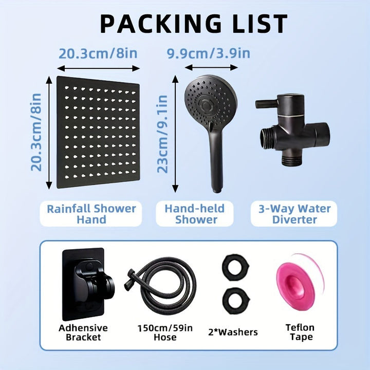 1 juego de cabeza de ducha de acero inoxidable clásico cuadrado, montaje en pared con pulverizador de lluvia, divisor de 3 vías, anti-salpicadura, manguera flexible, soporte sin taladro, acabado pintado, estilo de montaje en pared para experiencia de bañ