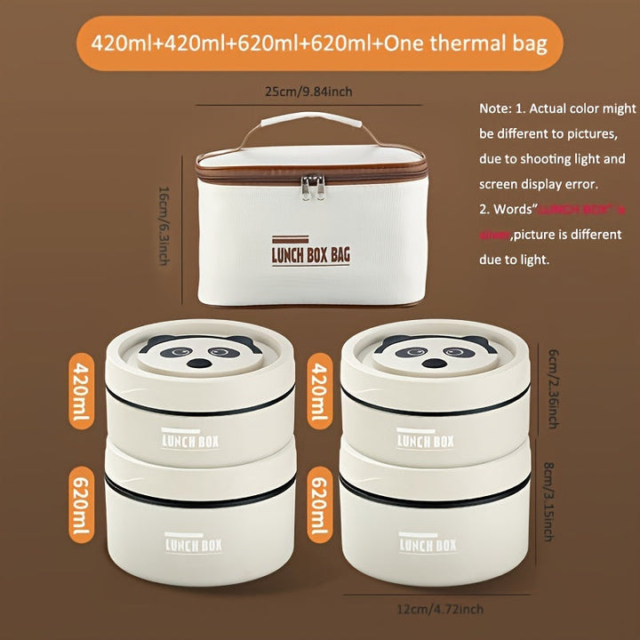 Conjunto de almuerzo de acero inoxidable 5 en 1 de LDQ con cajas de bento seguras para microondas y bolsa de transporte - Diseño lindo de panda, aislado y hermético, perfecto para la escuela, el trabajo y los viajes, caja de almuerzo, regreso a la escuela