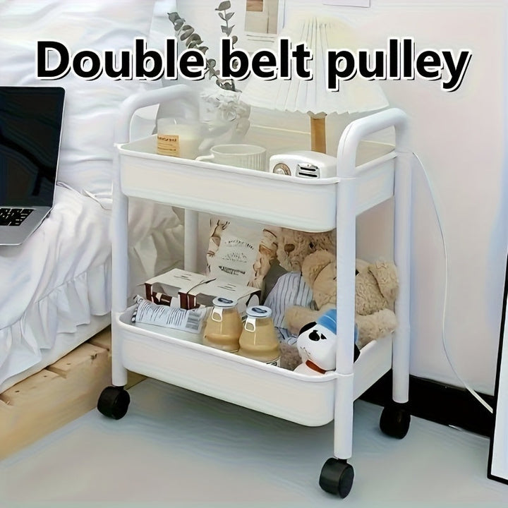 1 estante de almacenamiento giratorio de doble capa con ruedas - Organizador de oficina, bocadillos y libros de plástico duradero - Estante de escritorio ahorrador de espacio para cocina, dormitorio, hogar y baño, estante práctico.