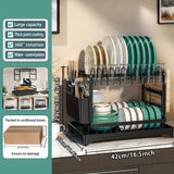 Estante de drenaje de alta resistencia: Hecho de acero de carbono de doble capa (con tablero de drenaje) | Ranura para cuchillos + soporte para cucharas y tenedores - Resistente a la herrumbre y fácil de limpiar, adecuado para todas las cuatro estaciones.