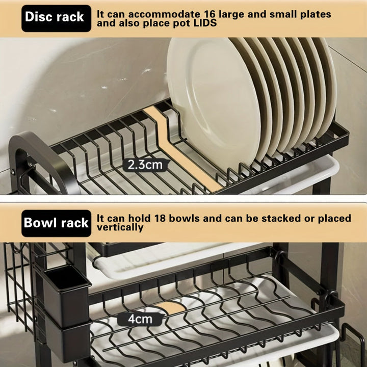 Escurridor de Acero Inoxidable de 3 Niveles | Ahorrador de Espacio Extra Grande para Cocina Familiar, con Bandeja Antiderrames y Divisor de Cubiertos - Organizador de Fregadero (5 en 1) que Sostiene Bloque de Cuchillos/Porta Palillos/Tacón de Cortar