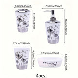 Juego de Baño Diente de León de 4 Piezas en Blanco y Negro - Incluye Dispensador de Jabón, 2 Tazas y Bandeja de Almacenamiento - Ideal para Regalar y Mejorar la Decoración del Hogar
