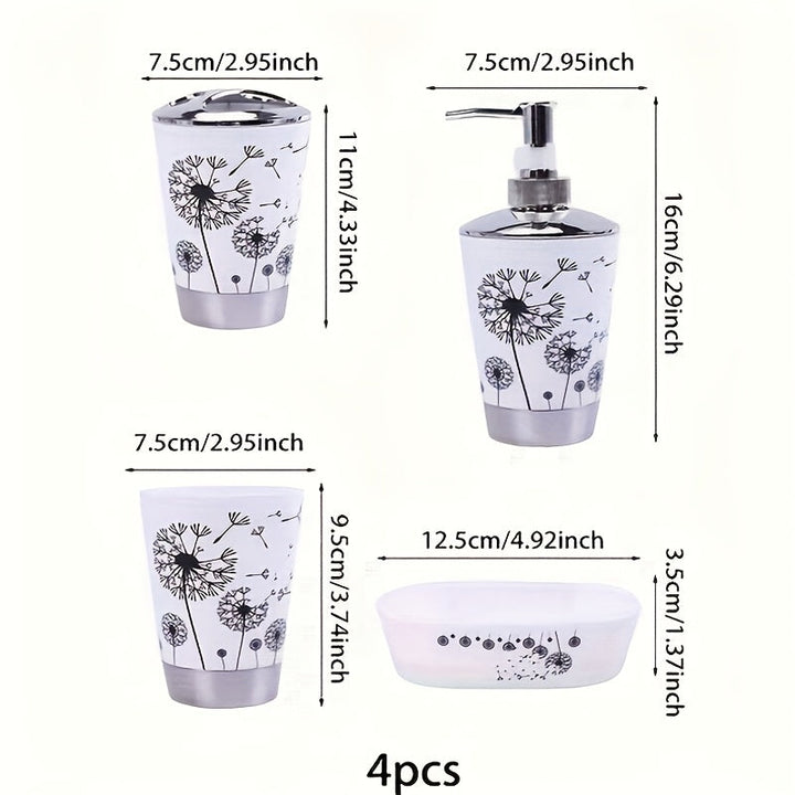 Juego de Baño Diente de León de 4 Piezas en Blanco y Negro - Incluye Dispensador de Jabón, 2 Tazas y Bandeja de Almacenamiento - Ideal para Regalar y Mejorar la Decoración del Hogar