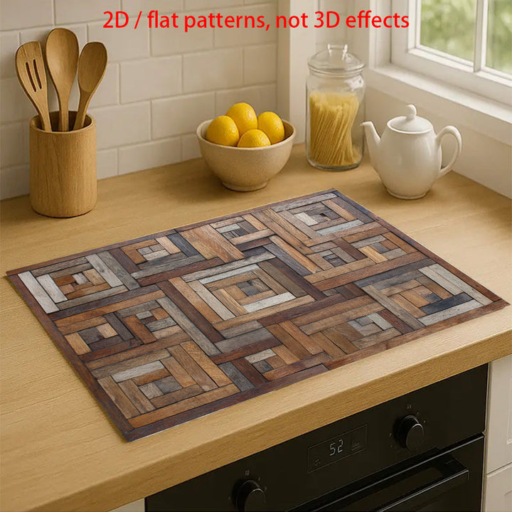 Un solo pieza, 2D plano "Textura de madera geométrica" hecha de goma, diseñada para ser resistente al calor y las rayas, con una superficie antideslizante, ideal para proteger cualquier cocina, lavadora, secadora y encimera de vidrio.