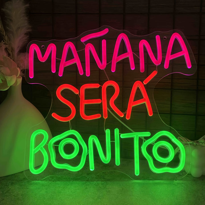 Una pieza de un vibrante letrero de neón: una elegante decoración de pared con luz LED de neón que mejora el ambiente, con una iluminación nocturna brillante y llamativa, con el refrán español "Mañana será hermoso". Funciona sin pilas y tiene un control