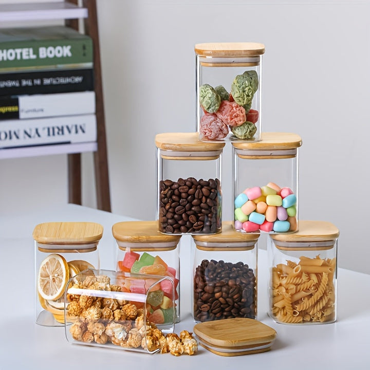 12 piezas en un conjunto, frascos sellados para alimentos apilables, botellas de vidrio de borosilicato de alta calidad con tapas de bambú, cajas de almacenamiento de granos de cocina, contenedores a prueba de humedad.