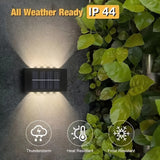 Juego de 3 luces solares para pared exterior, 10 LED arriba y abajo, carga solar, acabado cepillado eficiente, montaje semiempotrado en plástico, control con sensor de luz, batería recargable de níquel 600mAh, para iluminación de seguridad en cercas y ja