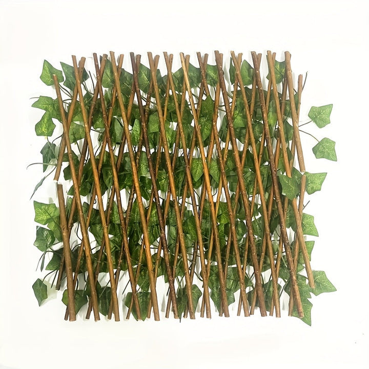 Paquete de 1 Valla de Privacidad Expandible de Madera Maciza - Diseño Ajustable con Hojas y Vegetación Artificial, Madera Marrón de Abeto para Jardín, Patio, Balcón - Barrera Decorativa Exterior para Navidad, Protección Solar, Mascotas & Decoración Rústi