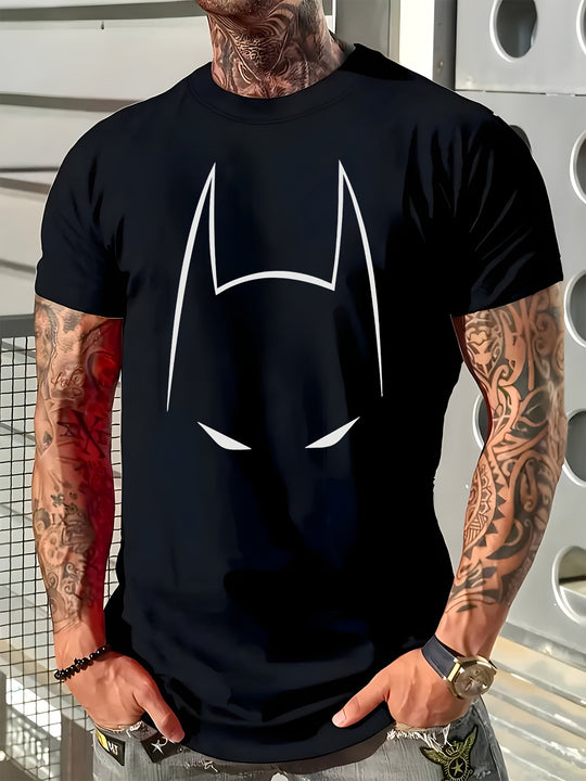 1 camiseta DC Warner para hombre con diseño de Batman, cuello redondo casual en negro con símbolo de murciélago en blanco, tela suave de poliéster, ideal para deportes, fiestas y ropa casual, regalo perfecto para fans, cómodo ajuste | Camiseta estampada