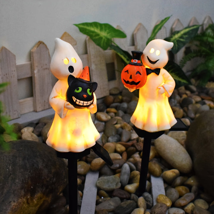 2 Piezas de Faroles Solares para Halloween - Decoración Espeluznante con Figuras, Encendido/Apagado Automático, Instalación en Estacas para Jardín o Patio, Construcción Duradera de Plástico, Iluminación Temática Festiva, Material Resistente al Clima, Ado