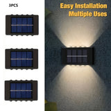 Juego de 3 luces solares para pared exterior, 10 LED arriba y abajo, carga solar, acabado cepillado eficiente, montaje semiempotrado en plástico, control con sensor de luz, batería recargable de níquel 600mAh, para iluminación de seguridad en cercas y ja