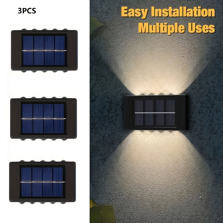 Juego de 3 luces solares para pared exterior, 10 LED arriba y abajo, carga solar, acabado cepillado eficiente, montaje semiempotrado en plástico, control con sensor de luz, batería recargable de níquel 600mAh, para iluminación de seguridad en cercas y ja