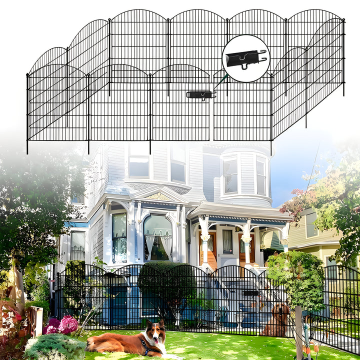 Valla Decorativa de Jardín Metálica de 108.97cm (Altura) con Arco y Cerradura para Puerta, Set de 6/10/11 Piezas sin Excavación, Barrera Animal Antirrobo, Malla de Alambre a Prueba de Óxido para Mascotas, Adecuada para Perros, Conejos y Patio,