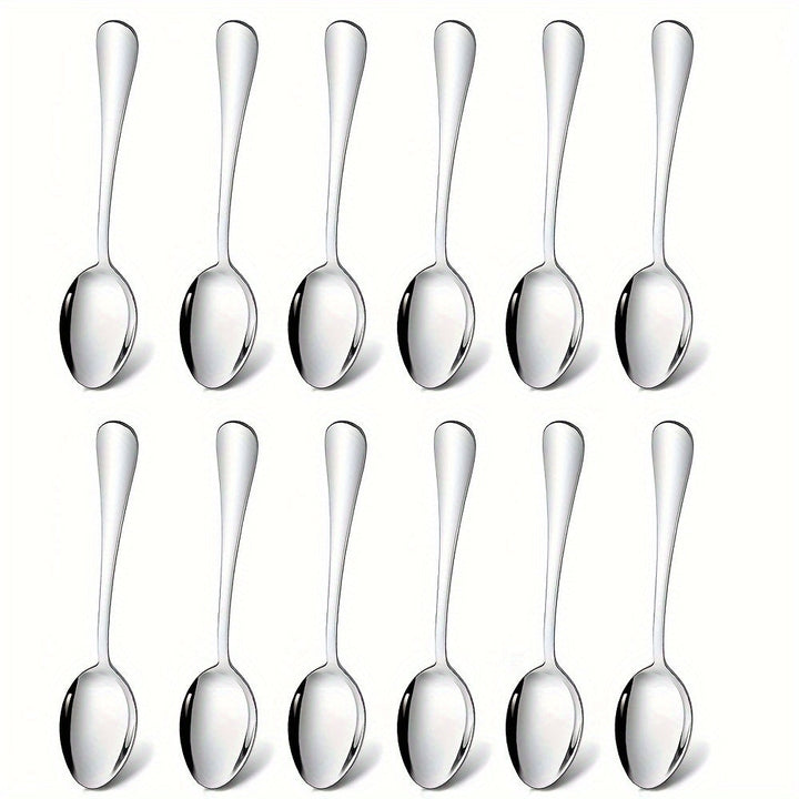 Juego de Cucharas para Cena de Acero Inoxidable de 12 Piezas, Juego de Cucharas para Sopa y Cenas de 17.02cm, Juego de Cucharas Grandes, Vajilla Moderna para Cocina/Hogar/Restaurante, Mango Redondo y Borde Suave, Apto para Lavavajillas
