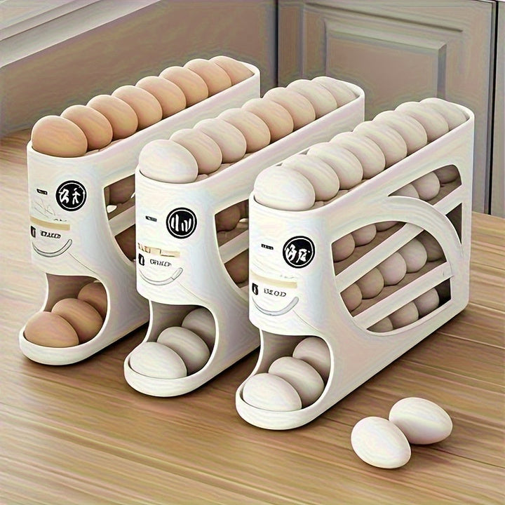Estante de huevos giratorio de 4 capas - Diseño de puerta lateral que ahorra espacio, puede contener 30 huevos, acabado brillante y liso, asa conveniente, adecuado para almacenamiento en cocina y refrigerador | Accesorios de cocina modernos | Material pl
