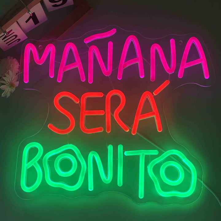 Una pieza de un vibrante letrero de neón: una elegante decoración de pared con luz LED de neón que mejora el ambiente, con una iluminación nocturna brillante y llamativa, con el refrán español "Mañana será hermoso". Funciona sin pilas y tiene un control