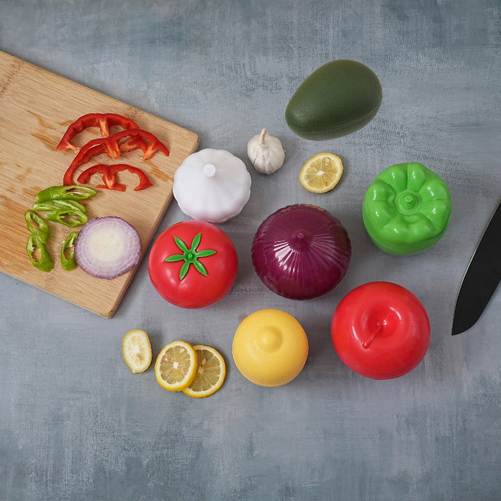 7 Piezas de Contenedores para Frutas y Verduras - Tapas Antiderrames, Recipientes Reutilizables para Refrigerador y Despensa, Lavado a Mano, Almacenamiento de Granos, Ajo, Utensilios Divertidos, Construcción Resistente, Organización de Cocina