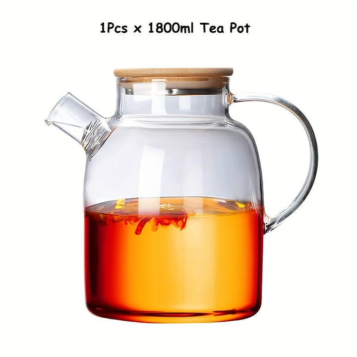 Tetera de vidrio borosilicato con tapa de bambú, 1000ml/1800ml, resistente al calor, jarra de agua de vidrio transparente, pico con filtro removible, apta para estufa y microondas, ideal para té de hojas sueltas y jugo de frutas, regalo perfecto para día