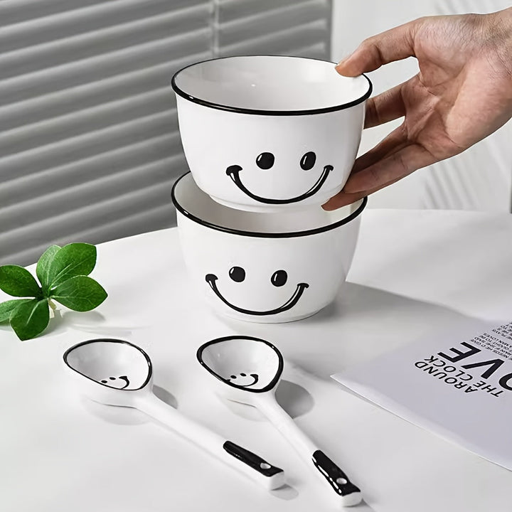 Juego de 4 o 6 tazones de arroz de cerámica con caritas sonrientes y cucharas, diseño divertido en blanco y negro, apto para microondas, ideal para desayunos o snacks, set de desayuno|Diseño juguetón|Tazón para microondas