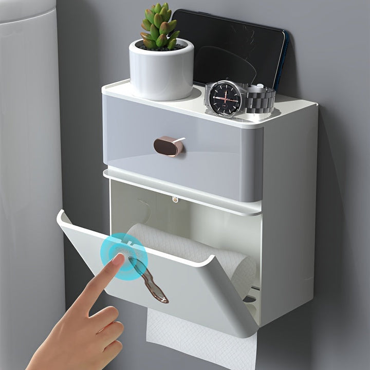 1 Estante De Almacenamiento De Doble Capa Para Baño, Caja De Pañuelos De Papel En Rollo, Soporte De Pañuelos Sin Perforación De Gran Capacidad Montado En La Pared Del Inodoro