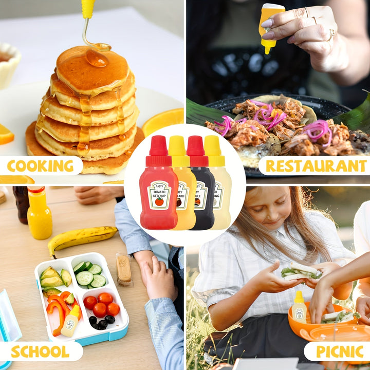 12 Piezas de Botellas Mini de Condimentos, Recipientes Ovalados de Plástico para Salsas, Miel y Aderezos - Lavado a Mano, Sin PVC, Utensilios Esenciales de Cocina para Loncheras y Picnics, Botellas Portátiles de Salsa | Pack Variado de Condimentos | Dise