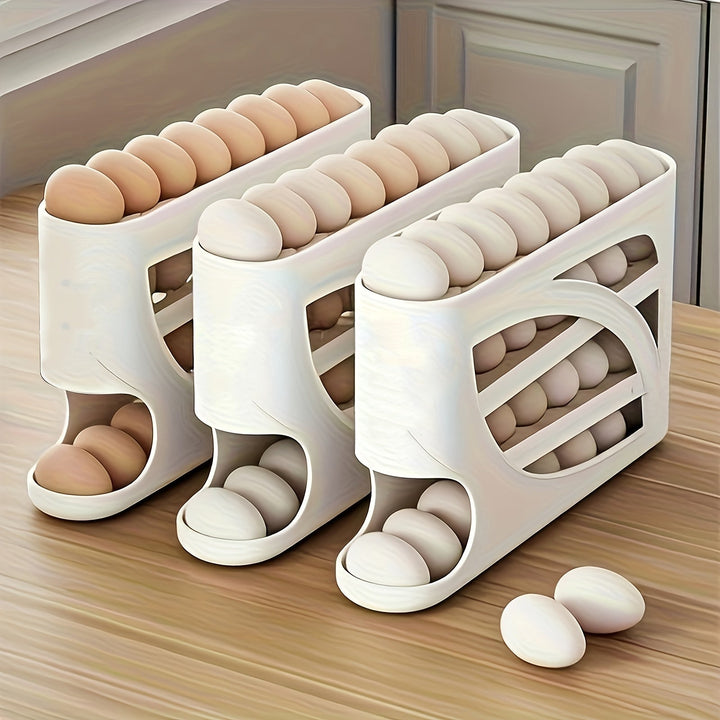 Soporte de huevos giratorio de 4 niveles - Diseño de puerta lateral que ahorra espacio, puede contener 30 huevos, acabado brillante y liso, asa conveniente, adecuado para almacenamiento en cocina y refrigerador | Accesorio de cocina moderno | Material pl