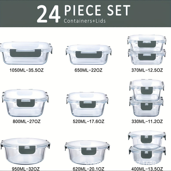 Paquete de 24, 12 Contenedores para Almacenamiento de Alimentos Sellados y Congelables con 12 Tapas, Recipiente de Cocina, Caja de Vidrio para el Mediodía, Contenedor de Vidrio Cubierto