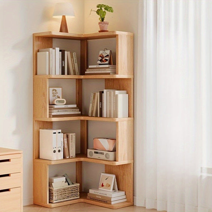 Estante de esquina de varios niveles - Madera, fácil montaje, beige claro, ideal para decoración del hogar y la oficina, solución de almacenamiento para el salón, almacenamiento de libros | Estante moderno | Construcción de madera, esquina del estante