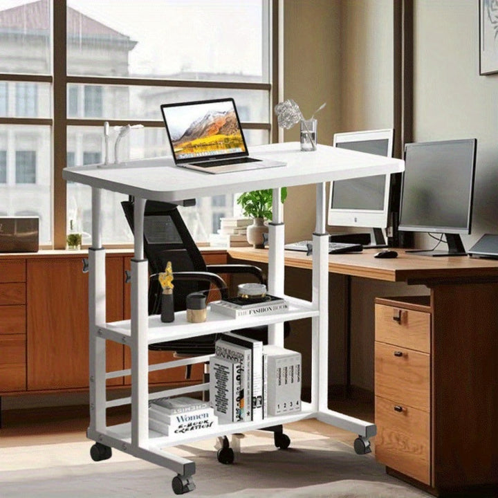 Escritorio y estantería de computadora de doble asiento, MDF con marco de acero, con ruedas univer, acabado blanco y madera - Ideal para trabajo en oficina en dormitorios y salas de estar, almacenamiento de computadora